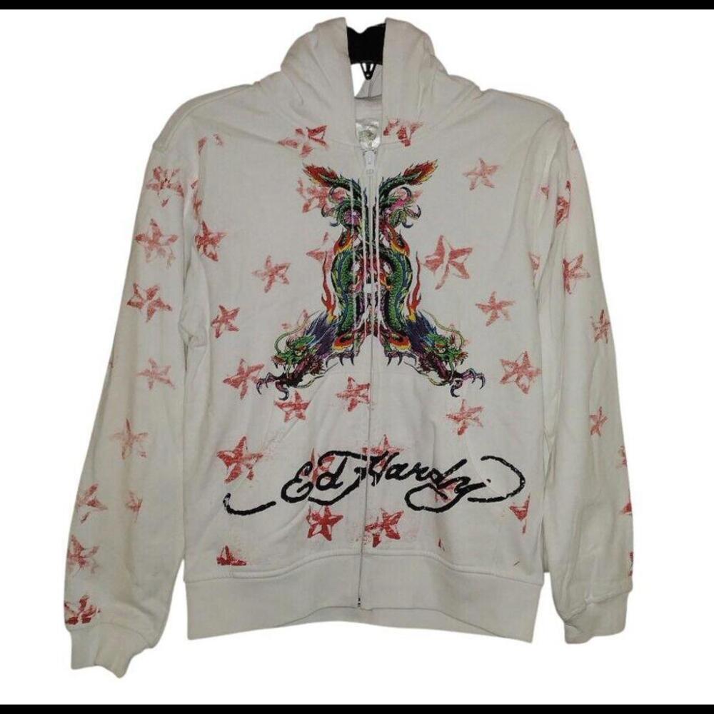 Ed Hardy Kids Hoodie Size Large White Y2K Full Zip New w/ Tags RARE